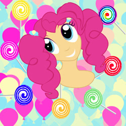 Size: 1920x1920 | Tagged: safe, artist:sarastudly, imported from derpibooru, pinkie pie, human, abstract background, bust, candy, eyelashes, female, food, humanized, lollipop, smiling, solo