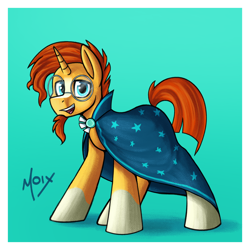 Size: 2000x2000 | Tagged: safe, artist:supermoix, imported from derpibooru, sunburst, pony, unicorn, blaze (coat marking), cloak, clothes, coat markings, cute, facial hair, facial markings, glasses, goatee, high res, horn, looking at you, male, males only, open mouth, raised tail, signature, simple background, smiling, socks (coat markings), solo, stallion, standing, sunburst's cloak, sunburst's glasses, tail