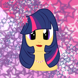 Size: 1440x1440 | Tagged: safe, artist:sarastudly, imported from derpibooru, twilight sparkle, human, abstract background, bust, eyelashes, female, humanized, jewelry, lipstick, necklace, smiling, solo