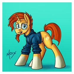 Size: 2000x2000 | Tagged: safe, artist:supermoix, imported from derpibooru, sunburst, pony, unicorn, blaze (coat marking), bottomless, clothes, coat markings, cute, facial hair, facial markings, glasses, goatee, high res, hoodie, horn, looking at you, male, males only, open mouth, partial nudity, raised tail, signature, smiling, socks (coat markings), solo, stallion, standing, sunburst's glasses, tail