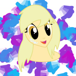Size: 1440x1440 | Tagged: safe, artist:sarastudly, imported from derpibooru, derpy hooves, human, abstract background, alternative cutie mark placement, bust, eyelashes, female, humanized, smiling, solo