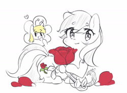 Size: 1523x1123 | Tagged: safe, artist:bubbletea, artist:ukichan22905846, imported from derpibooru, derpy hooves, red roses, roseluck, earth pony, pony, background pony, cute, derpyluck, female, flower, flowerpony, g4, lesbian, original art, red, rose, shipping, sketch