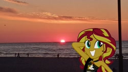 Size: 1920x1080 | Tagged: safe, imported from derpibooru, sunset shimmer, equestria girls, equestria girls series, forgotten friendship, beach, clothes, dusk, equestria girls in real life, female, irl, ocean, photo, sky, smiling, solo, sunset, swimsuit
