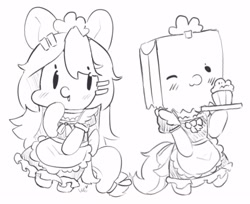 Size: 1248x1019 | Tagged: safe, artist:bubbletea, imported from derpibooru, oc, oc:paper bag, oc:uki, earth pony, pegasus, bipedal, black and white, chibi, clothes, cosplay, costume, cute, doodle, dress, fanart, food, grayscale, maid, monochrome, muffin, original art, sketch