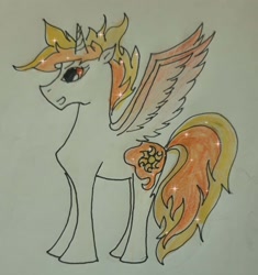 Size: 2816x3000 | Tagged: safe, artist:goldlines005, imported from derpibooru, oc, oc only, oc:sunrise, alicorn, pony, alicorn oc, high res, horn, male, parent:princess celestia, solo, stallion, traditional art, wings