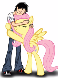 Size: 1936x2592 | Tagged: safe, alternate version, artist:ceehoff, imported from derpibooru, fluttershy, oc, human, pegasus, pony, bipedal, canon x oc, clothes, colored, duo, eyes closed, female, hug, human oc, male, mare, pants, shoes, signature, simple background, smiling, white background, wings