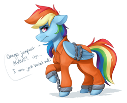 Size: 3416x2761 | Tagged: safe, artist:luximus17, imported from derpibooru, rainbow dash, pegasus, pony, bound wings, chained, chains, clothes, cuffs, grumpy, high res, never doubt rainbowdash69's involvement, prison outfit, prisoner, prisoner rd, shackles, text, wings