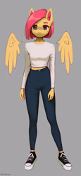 Size: 1200x2606 | Tagged: safe, artist:mrscroup, imported from derpibooru, fluttershy, anthro, pegasus, alternate hairstyle, clothes, converse, floating wings, gray background, jeans, pants, shoes, short hair, simple background, sneakers, solo, wings