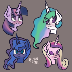 Size: 2048x2048 | Tagged: safe, artist:lynnpone, imported from derpibooru, princess cadance, princess celestia, princess luna, twilight sparkle, alicorn, pony, alicorn tetrarchy, blushing, bust, eye clipping through hair, female, high res, mare, no pupils, royal sisters, siblings, simple background, sisters, twilight sparkle (alicorn)