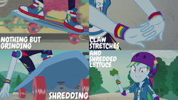 Size: 1280x720 | Tagged: safe, edit, edited screencap, editor:quoterific, imported from derpibooru, screencap, rainbow dash, equestria girls, equestria girls series, sic skateboard, spoiler:eqg series (season 2), clothes, female, geode of super speed, helmet, hoodie, looking at you, magical geodes, open mouth, shoes, skateboard, sneakers, solo