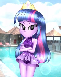 Size: 2000x2500 | Tagged: safe, artist:aryatheeditor, imported from derpibooru, twilight sparkle, alicorn, equestria girls, adorasexy, ass, beautiful, bedroom eyes, belly button, breasts, bust, busty twilight sparkle, butt, clothes, crown, cute, digital art, element of magic, female, geode of telekinesis, high res, hips, hotel, indonesia, jewelry, legs together, looking at you, magical geodes, midriff, miniskirt, outfit, pose, purple hair, regalia, schrödinger's pantsu, sexy, shiny, skirt, sleeveless, smiling, smiling at you, solo, stupid sexy twilight, swimming pool, swimsuit, thigh gap, thighs, twiabetes, twibutt, twilight sparkle (alicorn)