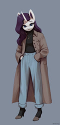 Size: 1200x2509 | Tagged: safe, artist:mrscroup, imported from derpibooru, rarity, anthro, unicorn, clothes, coat, gray background, high heels, jewelry, necklace, pants, shoes, simple background, solo, sweater, turtleneck