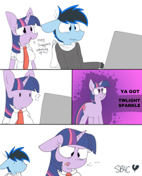 Size: 1265x1567 | Tagged: safe, artist:snuggleb4cuddle, imported from derpibooru, twilight sparkle, oc, oc:snuggles, anthro, pegasus, pony, unicorn, banned from equestria daily, clothes, dialogue, female, male