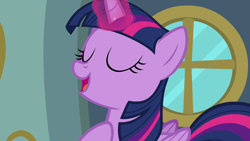 Size: 1280x720 | Tagged: safe, imported from derpibooru, screencap, twilight sparkle, alicorn, pony, season 6, top bolt, eyes closed, female, magic, magic aura, mare, open mouth, smiling, solo, telekinesis, twilight sparkle (alicorn)