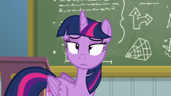 Size: 1280x720 | Tagged: safe, imported from derpibooru, screencap, twilight sparkle, alicorn, pony, season 6, top bolt, chalkboard, female, magic, magic aura, mare, solo, telekinesis, twilight is not amused, twilight sparkle (alicorn), twilight sparkle is not amused, unamused