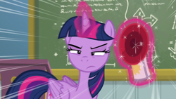 Size: 1280x720 | Tagged: safe, imported from derpibooru, screencap, twilight sparkle, alicorn, pony, season 6, top bolt, airhorn, chalkboard, female, magic, magic aura, mare, solo, telekinesis, twilight is not amused, twilight sparkle (alicorn), twilight sparkle is not amused, unamused