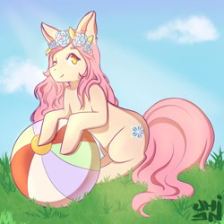 Size: 1280x1279 | Tagged: safe, artist:umine, imported from derpibooru, oc, oc only, earth pony, pony, beach ball, commission, digital art, female, flower, flower in hair, hooves, looking at you, mare, one eye closed, solo, tail, thighs