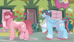 Size: 1280x732 | Tagged: safe, artist:itstechtock, imported from derpibooru, oc, oc only, oc:love letter (itstechtock), oc:morning glory (itstechtock), earth pony, pegasus, pony, female, flower, male, mare, parent:lily valley, parent:rainy day, parent:roseluck, parent:whirlwind romance, stallion