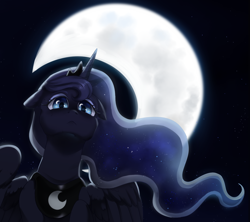 Size: 1260x1120 | Tagged: safe, artist:ghoasthead, imported from derpibooru, princess luna, pony, ethereal mane, female, floppy ears, looking down, mare, moon, night, sad, sky, solo, starry mane, stars