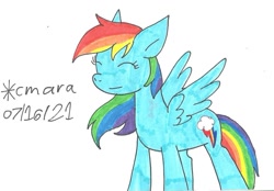 Size: 1124x783 | Tagged: safe, artist:cmara, imported from derpibooru, rainbow dash, pegasus, pony, eyes closed, female, mare, simple background, solo, traditional art, white background