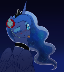 Size: 1280x1440 | Tagged: safe, artist:ghoasthead, imported from derpibooru, princess luna, alicorn, pony, gamer luna, :p, abstract background, blushing, cute, ethereal mane, female, headphones, looking back, lunabetes, mare, one eye closed, solo, starry mane, tongue out, wings, wink