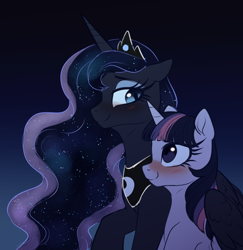 Size: 1280x1315 | Tagged: safe, artist:ghoasthead, imported from derpibooru, princess luna, twilight sparkle, alicorn, pony, blushing, ethereal mane, female, hug, lesbian, looking at each other, mare, shipping, smiling, starry mane, twilight sparkle (alicorn), twiluna, winghug, wings