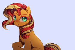 Size: 1280x848 | Tagged: safe, artist:ghoasthead, imported from derpibooru, sunset shimmer, pony, unicorn, female, mare, simple background, sitting, smiling, solo, white background