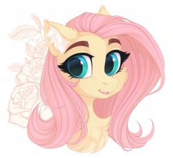 Size: 2490x2270 | Tagged: safe, artist:vird-gi, imported from derpibooru, fluttershy, pegasus, pony, cheek fluff, chest fluff, cute, ear fluff, eyebrows, female, flower, high res, looking at you, mare, shyabetes, simple background, smiling, solo