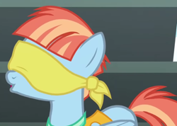 Size: 1024x731 | Tagged: safe, imported from derpibooru, screencap, windy whistles, pegasus, pony, parental glideance, blindfold, cropped, solo