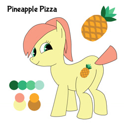 Size: 1280x1280 | Tagged: safe, artist:pi, imported from derpibooru, oc, oc only, oc:pineapple pizza, earth pony, pony, butt, chubby, colored, cutie mark, female, flat colors, food, mare, pineapple, plot, ponytail, reference sheet, short tail, simple background, solo, thick, white background