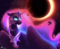 Size: 3000x2500 | Tagged: safe, artist:queendarkselis, imported from derpibooru, nightmare moon, alicorn, pony, constellation, ear fluff, eclipse, ethereal mane, female, floppy ears, glowing eyes, high res, mare, moon, solar eclipse, solo, starry mane, stars, sun