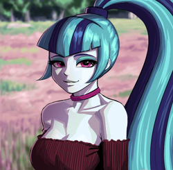 Size: 588x576 | Tagged: safe, artist:nairdags, imported from derpibooru, sonata dusk, equestria girls, bare shoulders, beautiful, blue hair, blue skin, blurry background, breasts, bust, busty sonata dusk, choker, cleavage, eyelashes, eyeshadow, female, field, grass, grin, hair tie, lidded eyes, lips, looking at you, makeup, nature, outdoors, pink eyes, ponytail, portrait, scenery, smiling, smiling at you, solo, tree, two toned hair