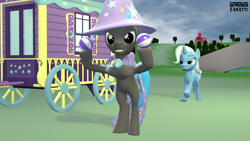 Size: 3413x1920 | Tagged: safe, artist:gradiusfanatic, imported from derpibooru, trixie, oc, oc:andy, pony, unicorn, 3d, angry, beach ball, bipedal, cape, clothes, duo, female, hat, male, source filmmaker, trixie is not amused, trixie's cape, trixie's hat, trixie's wagon, unamused, wagon