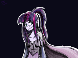 Size: 2048x1536 | Tagged: safe, artist:revenge.cats, imported from derpibooru, twilight sparkle, human, clothes, dark background, doodle, humanized, ponytail, scar, simple background, sketch, smiling, solo, superhero