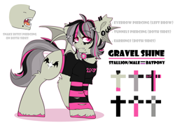 Size: 2700x2000 | Tagged: safe, artist:etoz, imported from derpibooru, oc, oc only, oc:gravel shine, bat pony, pony, bat pony oc, bat wings, choker, clothes, collar, commission, ear piercing, earring, emo, eyebrow piercing, eyebrows, eyebrows visible through hair, fangs, high res, jewelry, makeup, male, open mouth, piercing, reference sheet, shirt, simple background, snake bites, solo, stallion, t-shirt, text, white background, wings