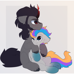 Size: 1752x1740 | Tagged: safe, artist:little-sketches, imported from derpibooru, king sombra, oc, oc:pixel codec, pegasus, unicorn, canon x oc, cuddling, gay, gradient hooves, male, stallion