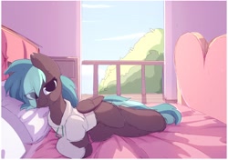 Size: 2178x1536 | Tagged: safe, artist:little-sketches, imported from derpibooru, oc, oc only, oc:breeze packets, pegasus, pony, bed, clothes, female, hoodie, laying on bed, looking at you, lying down, lying on bed, mare, on bed, solo