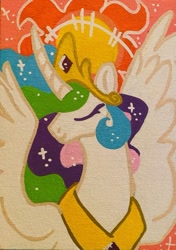 Size: 640x909 | Tagged: safe, artist:britebuck, imported from derpibooru, part of a set, princess celestia, alicorn, pony, curved horn, ethereal mane, eyes closed, female, horn, jewelry, mare, smiling, solo, sun, tiara, traditional art, wings