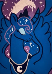 Size: 640x911 | Tagged: safe, artist:britebuck, imported from derpibooru, part of a set, princess luna, alicorn, pony, crescent moon, curved horn, ethereal mane, eyes closed, female, horn, jewelry, mare, moon, smiling, solo, starry mane, stars, tiara, traditional art, wings