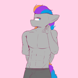 Size: 4000x4000 | Tagged: safe, artist:rainyvisualz, imported from derpibooru, oc, oc only, oc:pixel codec, anthro, pegasus, pony, abs, clothes, looking at you, male, partial nudity, solo, topless