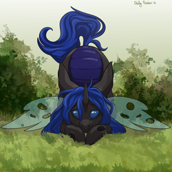 Size: 3500x3500 | Tagged: safe, artist:chillynachos, imported from derpibooru, oc, oc:swift dawn, changeling, blue changeling, cute, detailed background, grass, high res