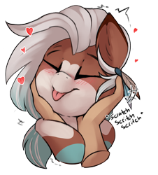 Size: 2226x2457 | Tagged: safe, artist:beardie, imported from derpibooru, part of a set, oc, oc only, oc:faline, deer, deer pony, human, original species, beardies scritching ponies, blushing, commission, cute, disembodied hand, eyes closed, hand, high res, petting, simple background, solo, solo focus, tongue out, transparent background, ych result