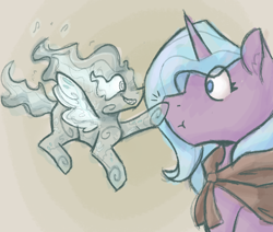 Size: 1000x849 | Tagged: safe, artist:apatheticxaddict, idw, imported from derpibooru, rabia, radiant hope, pony, umbrum, unicorn, siege of the crystal empire, spoiler:comic36, boop, duo, female, non-consensual booping, simple background