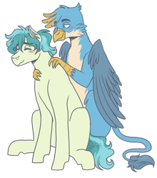 Size: 2200x2500 | Tagged: safe, artist:kikirdcz, imported from derpibooru, gallus, sandbar, earth pony, griffon, pony, blushing, commission, eyes closed, gallbar, gay, griffon x pony, high res, interspecies, male, massage, shipping, simple background, sitting, transparent background