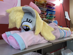 Size: 2688x2016 | Tagged: safe, artist:qtpony, imported from derpibooru, derpy hooves, pegasus, pony, clothes, high res, irl, lying down, photo, plushie, prone, shirt, solo