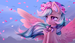Size: 3500x2000 | Tagged: safe, artist:inowiseei, imported from derpibooru, oc, oc only, oc:summer ray, pegasus, pony, bell, bust, cherry blossoms, commission, ear fluff, ears, female, floral head wreath, flower, flower blossom, high res, leaves, mare, portrait, solo, spread wings, windswept mane, wings