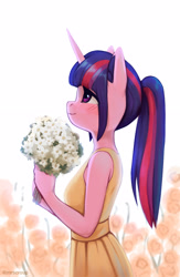 Size: 1500x2296 | Tagged: safe, artist:mrscroup, imported from derpibooru, twilight sparkle, anthro, unicorn, alternate hairstyle, blushing, breasts, clothes, cute, dress, female, flower, happy, ponytail, smiling, solo, twiabetes, unicorn twilight