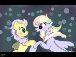 Size: 1280x960 | Tagged: safe, artist:sugarlemon1127, imported from derpibooru, alicorn, pegasus, pony, seapony (g4), blushing, bubble, female, fin wings, fins, flowing mane, green eyes, horn, jewelry, looking at each other, multicolored hair, necklace, ocean, open mouth, purple mane, seaponified, signature, simple background, smiling, species swap, underwater, water, wings