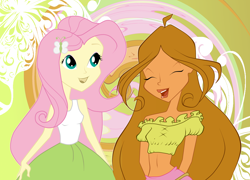 Size: 2888x2076 | Tagged: safe, artist:azuraxp, imported from derpibooru, imported from ponybooru, fluttershy, human, equestria girls, barely eqg related, chat, chatting, clothes, crossover, duo, duo female, eyes closed, female, flora (winx club), hairpin, hands behind back, high res, open mouth, open smile, smiling, winx club