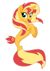 Size: 1143x1636 | Tagged: safe, artist:youraveragepony, imported from derpibooru, sunset shimmer, pony, seapony (g4), unicorn, base used, dorsal fin, female, fish tail, flowing mane, flowing tail, green eyes, horn, looking at you, open mouth, open smile, seaponified, seapony sunset, simple background, smiling, solo, species swap, tail, transparent background, vector